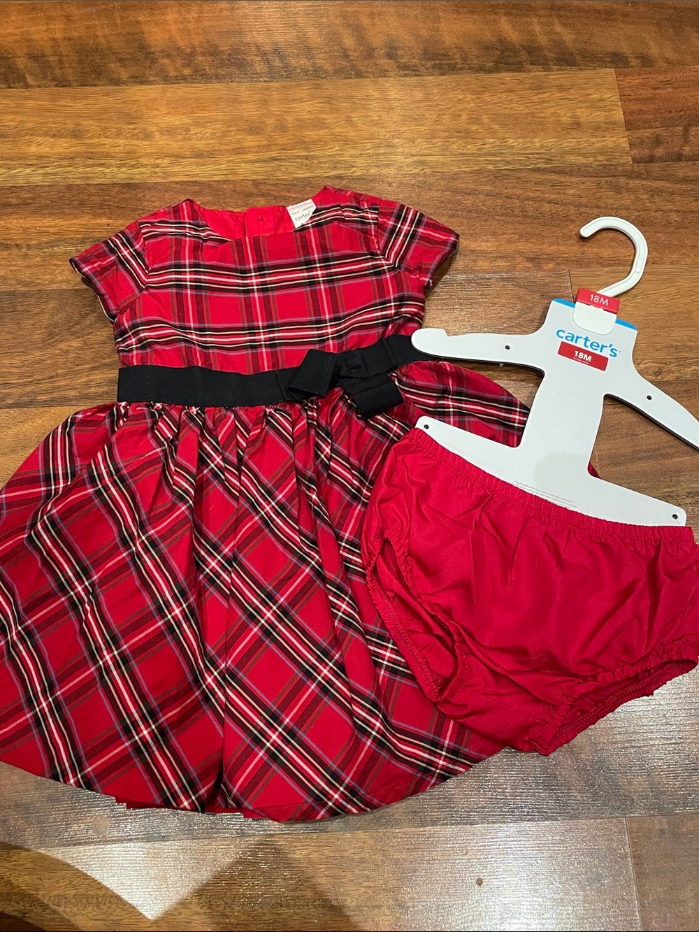 Carter's Red Plaid Holiday Dresses with Black Waist Sash - Picture 2 of 3